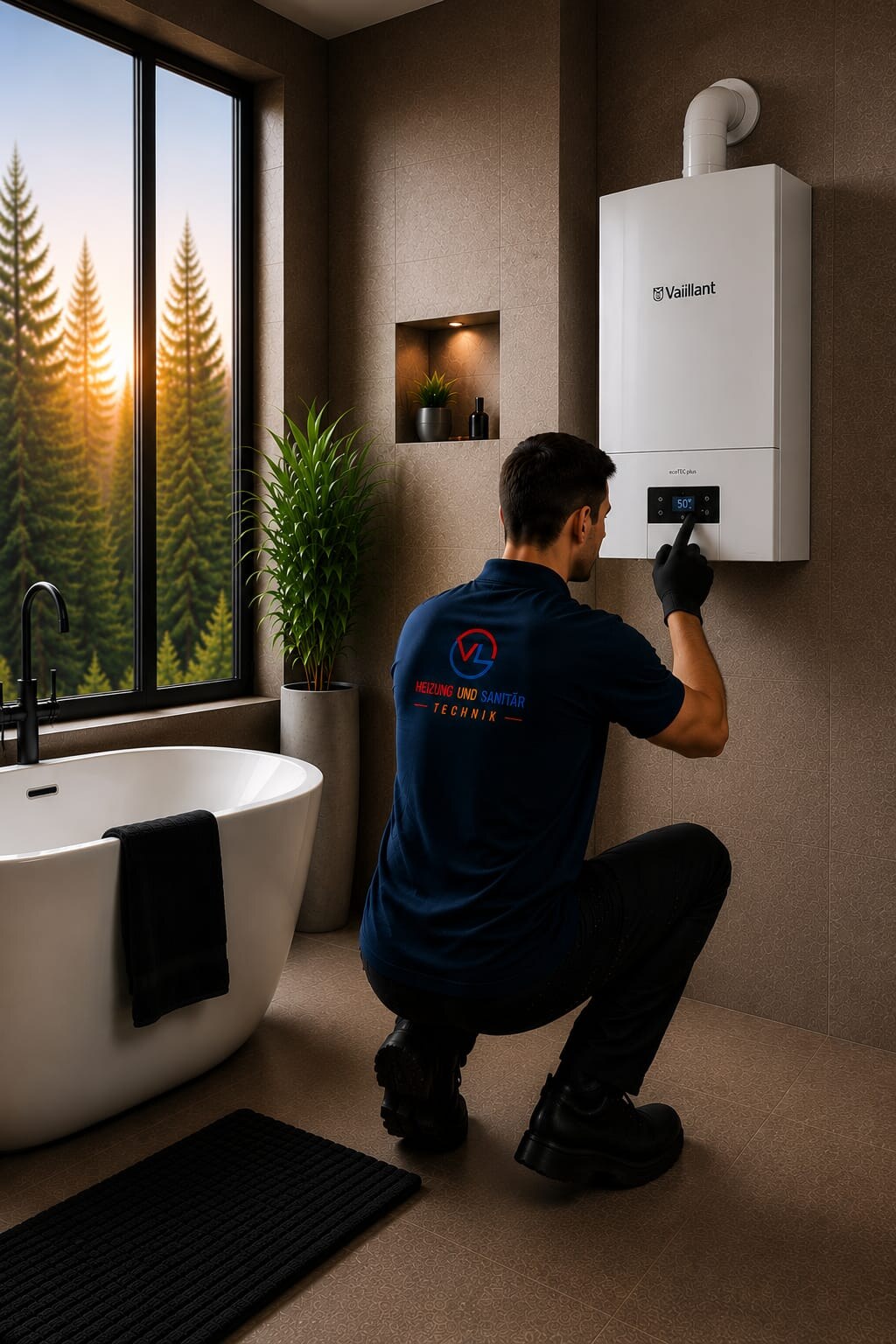 Installateur von VL Heizung und Sanitär Technik wartet eine Gastherme im Badezimmer in Wien